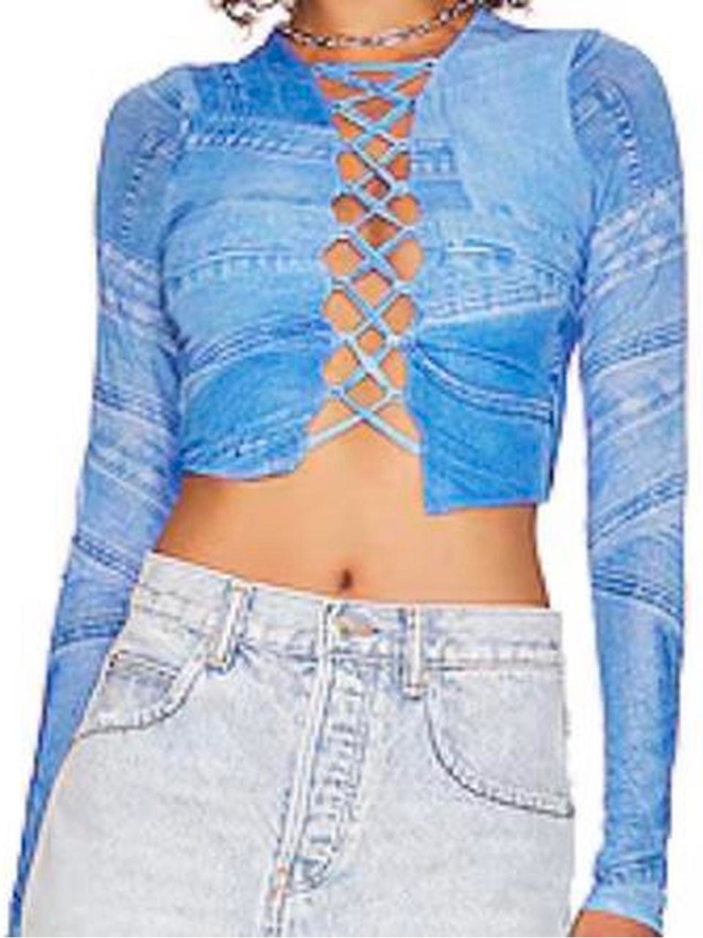 AFRM Blue Lace-Up Denim-Style long sleeve crop top shirt size small